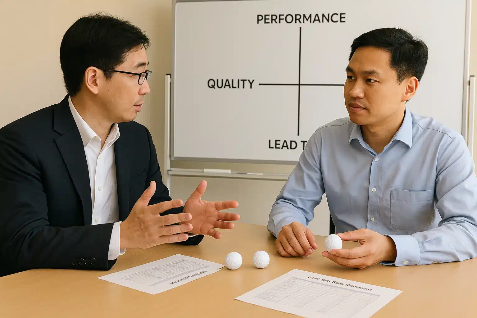 ゴルフボールOEMの商談で、日本法人担当者と工場側担当者が品質・性能・リードタイムのバランスをホワイトボードを使いながら仕様表を前に協議している場面