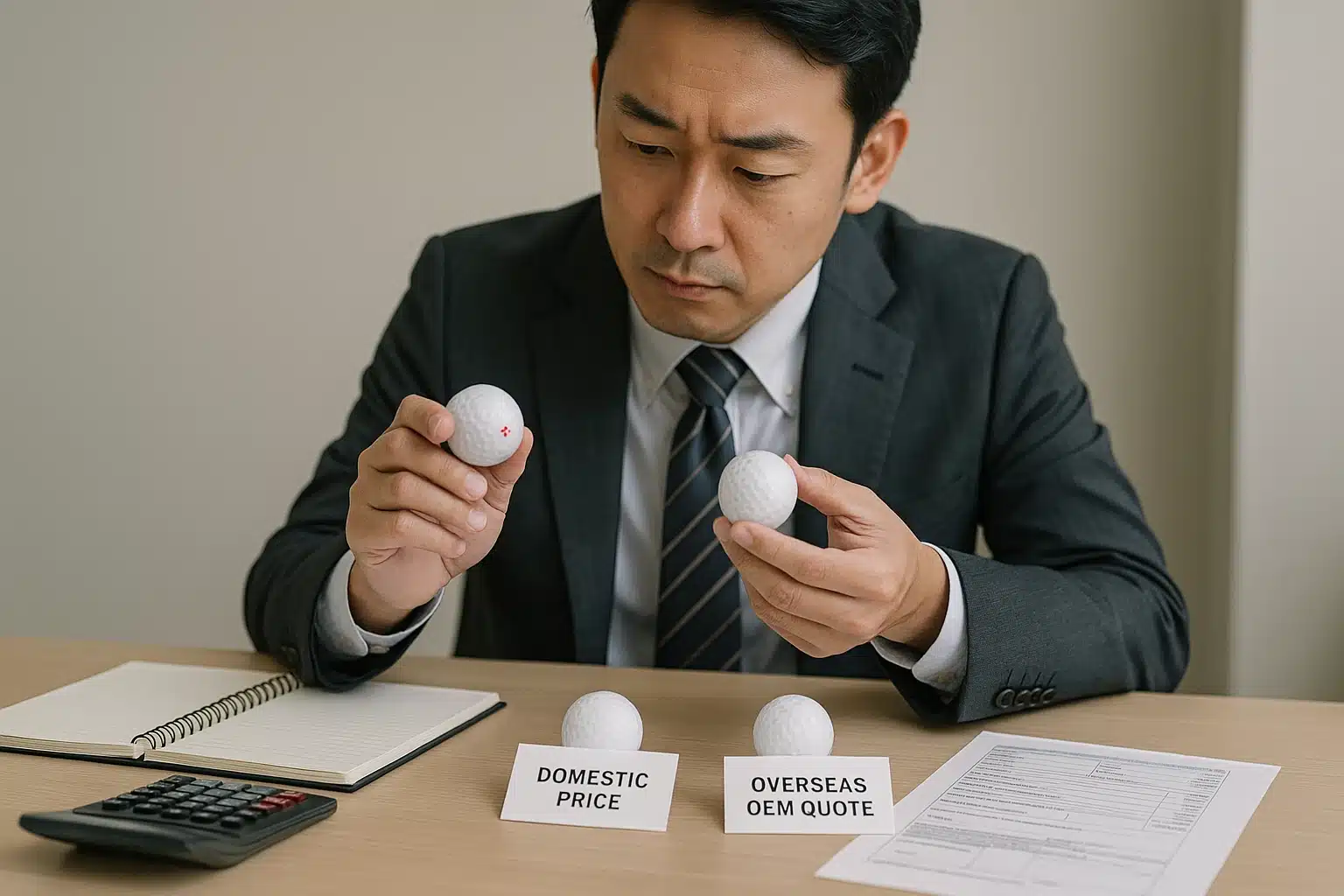ゴルフボールOEM見積と価格比較 国内価格と海外OEM見積を比較しながらゴルフボールの仕様とコスト差を検討する担当者