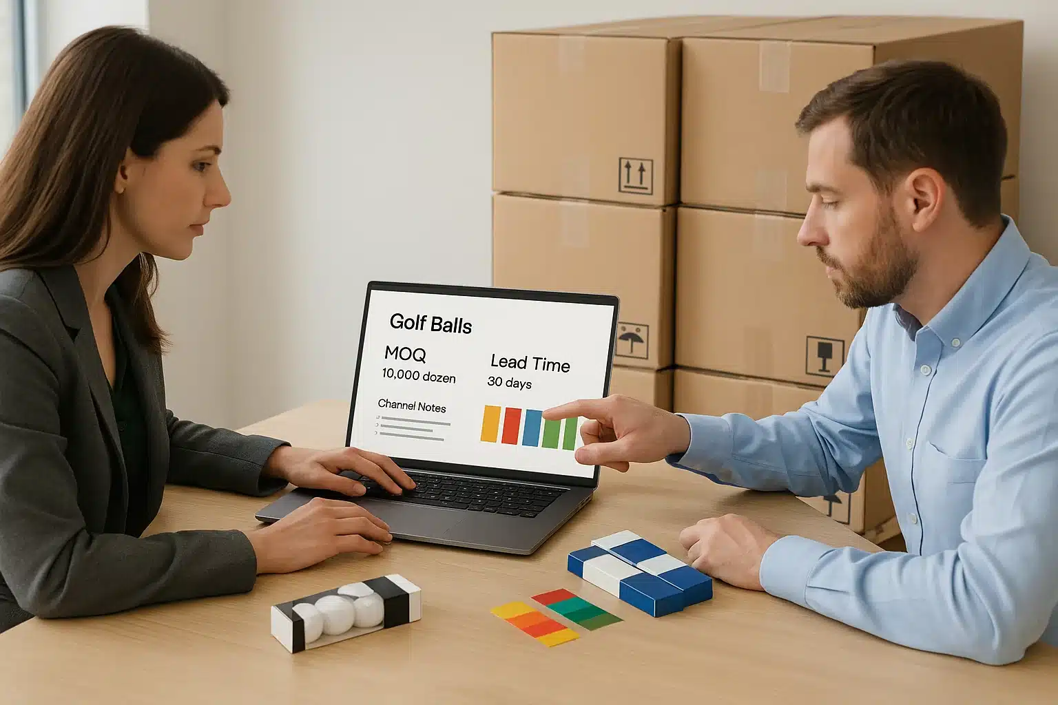 OEMゴルフボールの最小発注数量やリードタイムを示す資料を確認しながら、法人向け大量生産の納期短縮や供給計画を打ち合わせるビジネスシーン