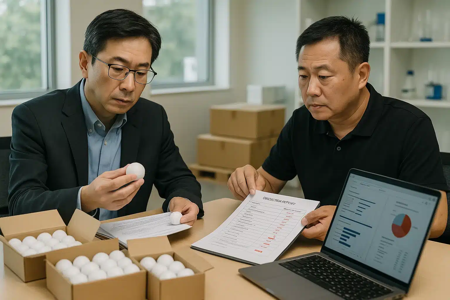 ゴルフボールOEMの不良率と品質検証会議 ゴルフボールOEMの出荷前検査データとサンプルを机上で確認しながら、不良率改善と品質基準について協議する担当者二人