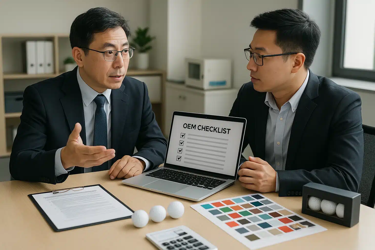 ゴルフボールOEM仕様とチェックリスト共有 ゴルフボールOEMのチェックリスト画面を前に、カラーサンプルと試作品を確認しながら仕様と納期について打ち合わせを行う営業担当者とバイヤー