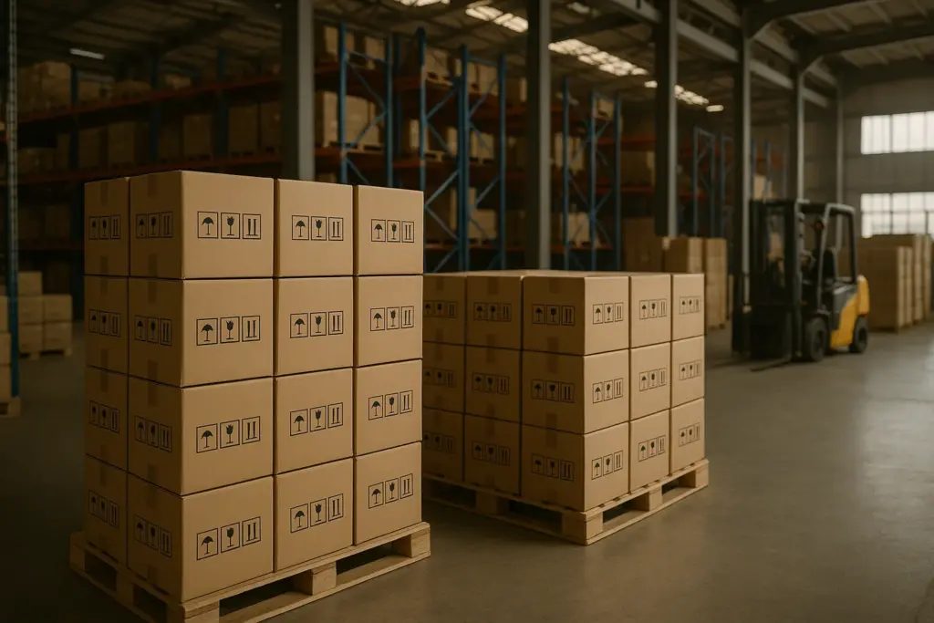 出荷準備が整ったゴルフボールの梱包箱を保管する倉庫内のパレット積み