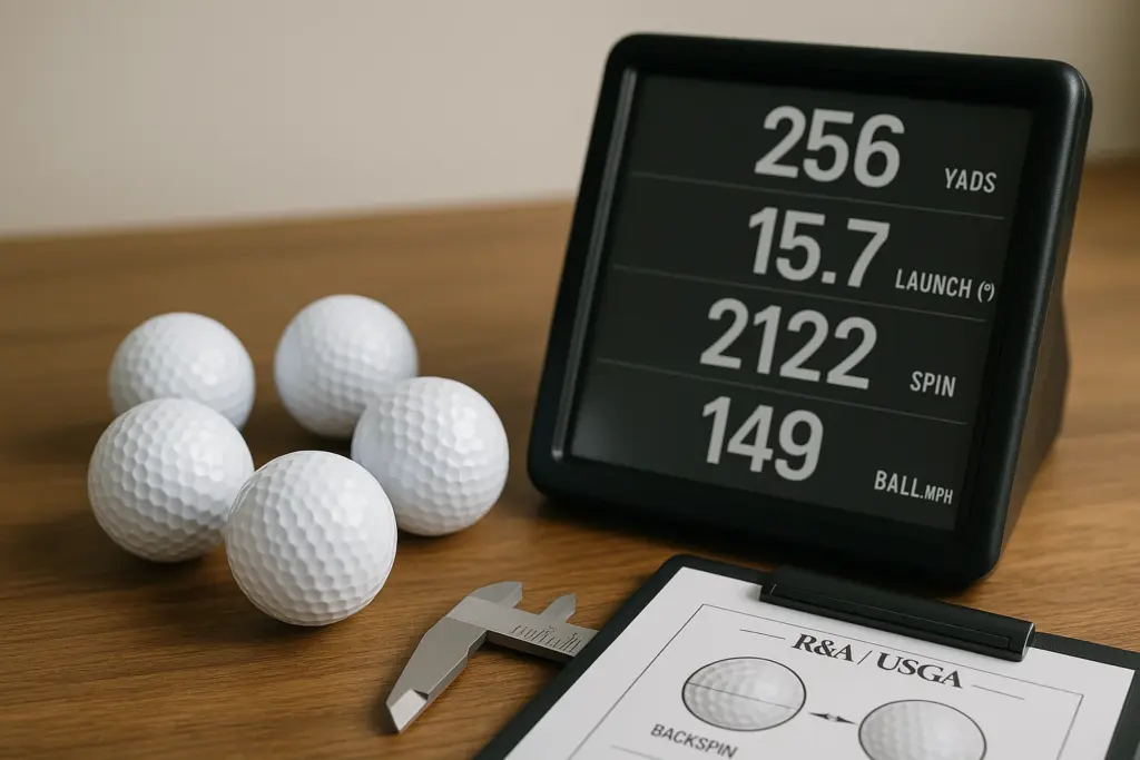 工場内でゴルフボールの飛距離・打ち出し角・スピン量をデータ表示装置と計測器で検証し、複数サンプルと寸法測定を併用して性能を総合評価する品質管理工程