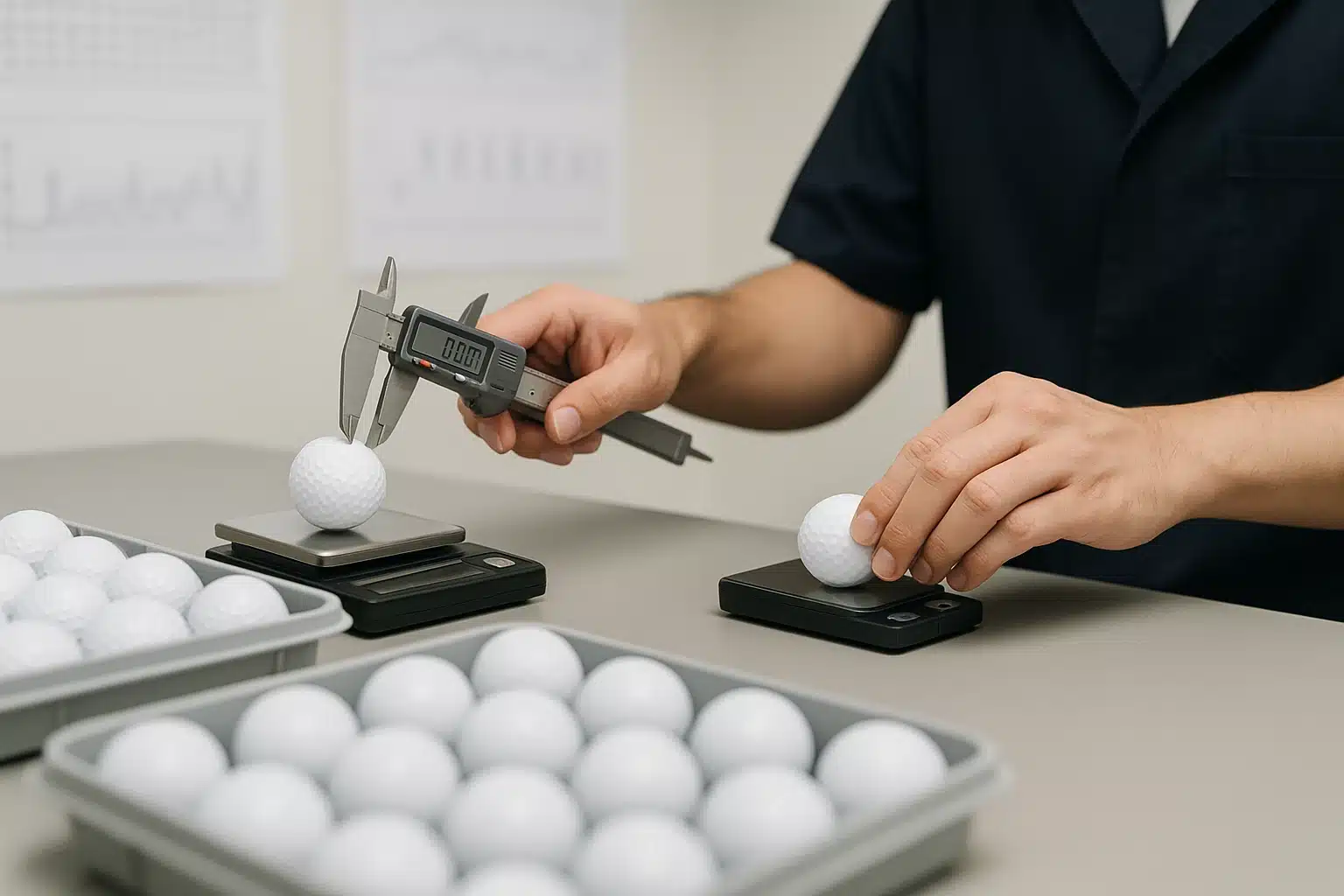 ゴルフボールの品質検査・寸法測定 ゴルフボールの直径と重量をデジタル計測器で検査し、量産品質を数値管理する工場内の品質検査工程