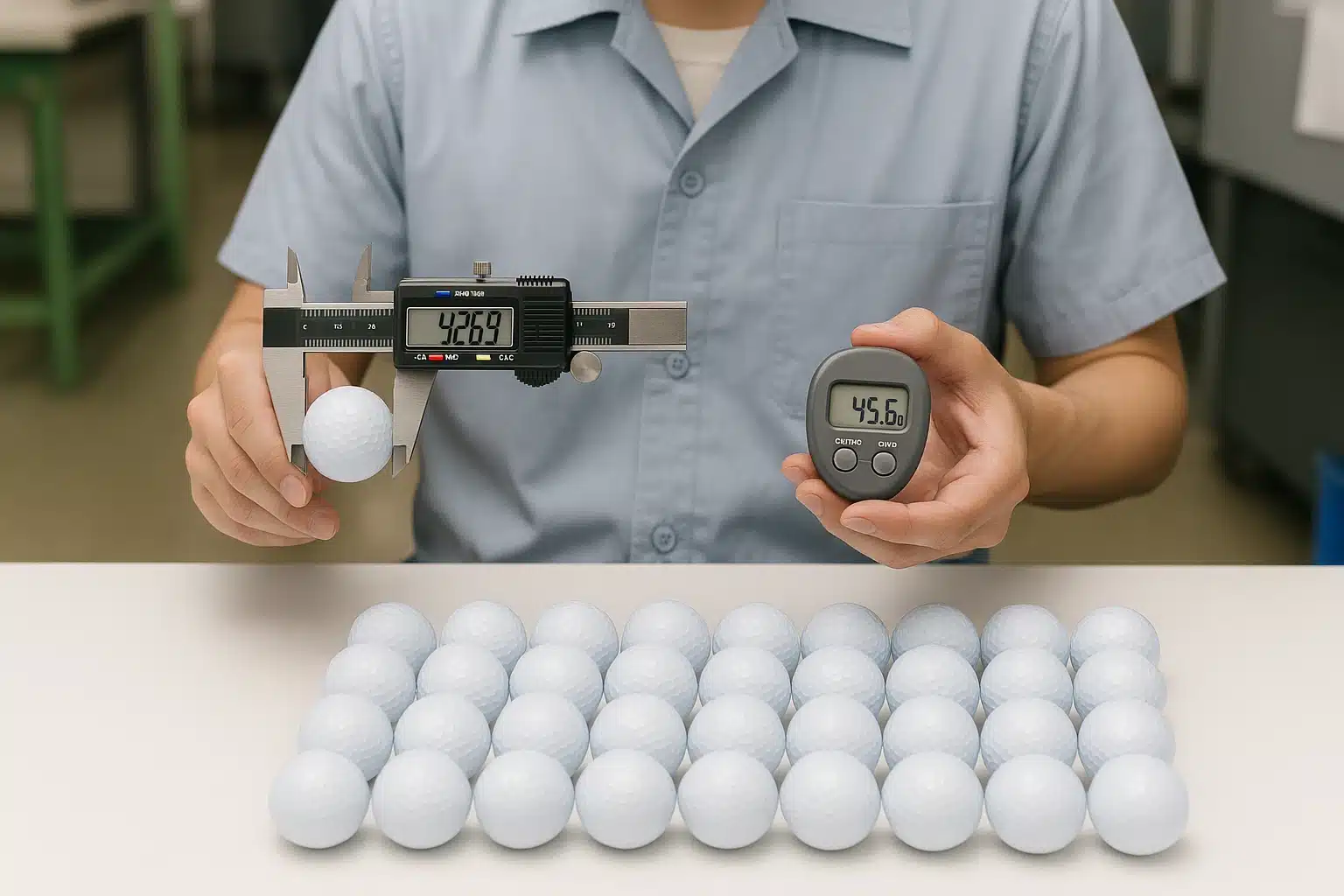 ゴルフボールの直径と硬度をデジタル測定器で検査する品質管理工程