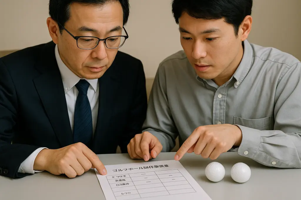ゴルフボールの検査項目表を見ながらOEM仕様について打ち合わせをする日本企業の担当者が工場との取引条件を確認し、テーブル上のサンプルボールを比較しながら検討する場面
