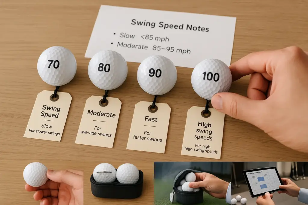 スイングスピード別に設計されたゴルフボールを比較し、プレーヤーに最適なボールを選定するシーン