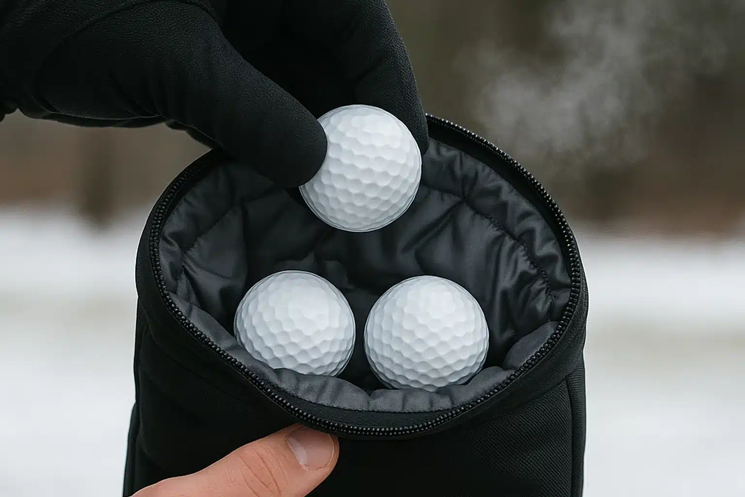 寒冷な屋外環境でゴルフボールを保温ケースから取り出し、温度管理を行うシーン