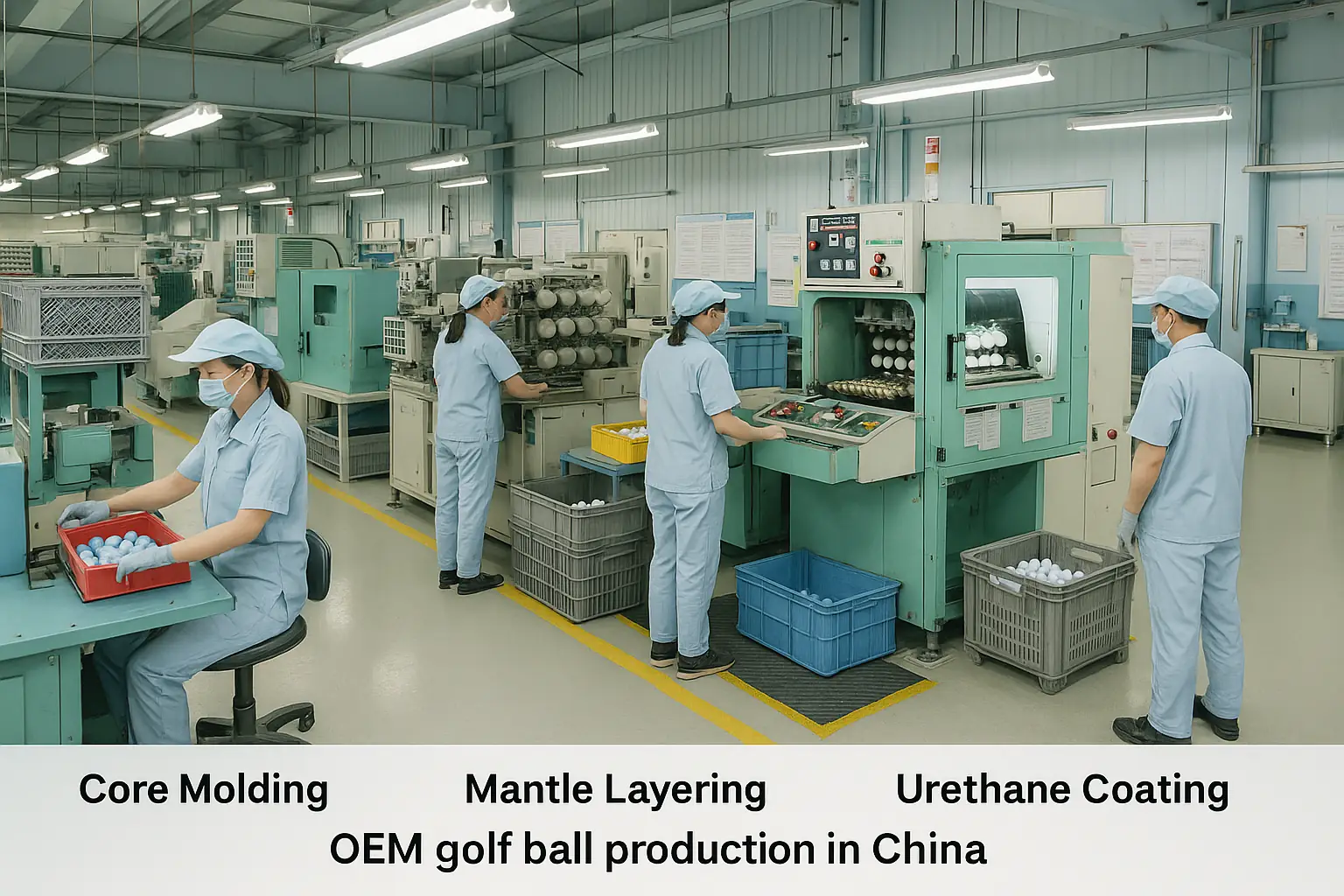 中国工場でOEMゴルフボールのコア成形とウレタンコーティング工程を行う作業ライン