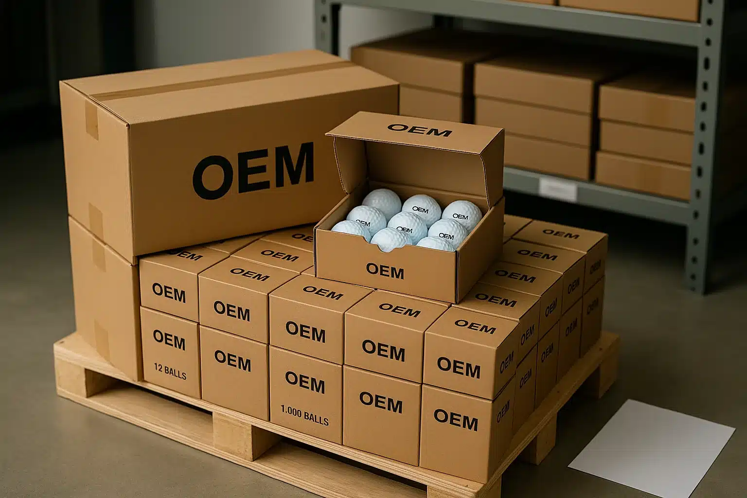 OEMゴルフボールの梱包・出荷工程 OEM向けゴルフボールがパレット上でロット別に梱包され、量産出荷に向けて整然と保管された倉庫内の包装ライン