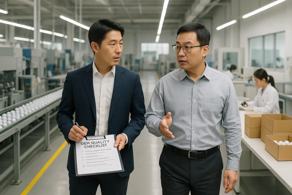 OEM向けゴルフボール工場で出荷前の品質チェックリストを確認しながら生産ラインの改善について打ち合わせを行う担当者と取引先担当者