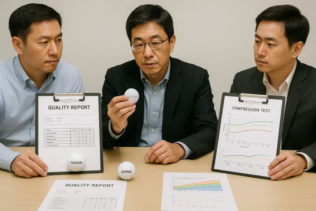 OEMゴルフボールの品質レポートと圧縮試験データを前に、工場の品質管理担当者が試作品ボールを手に取り性能を検証し比較する開発会議の様子を写した場面