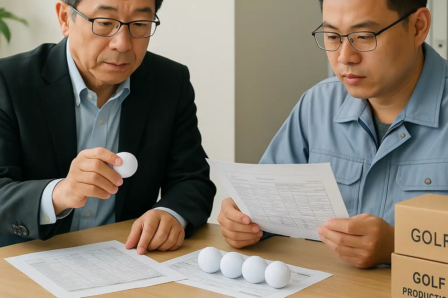 OEMゴルフボールの材料サンプルと仕様書を前に、日本企業の担当者と工場技術者が品質要件や製造条件を確認しながら量産前の打ち合わせをしている場面