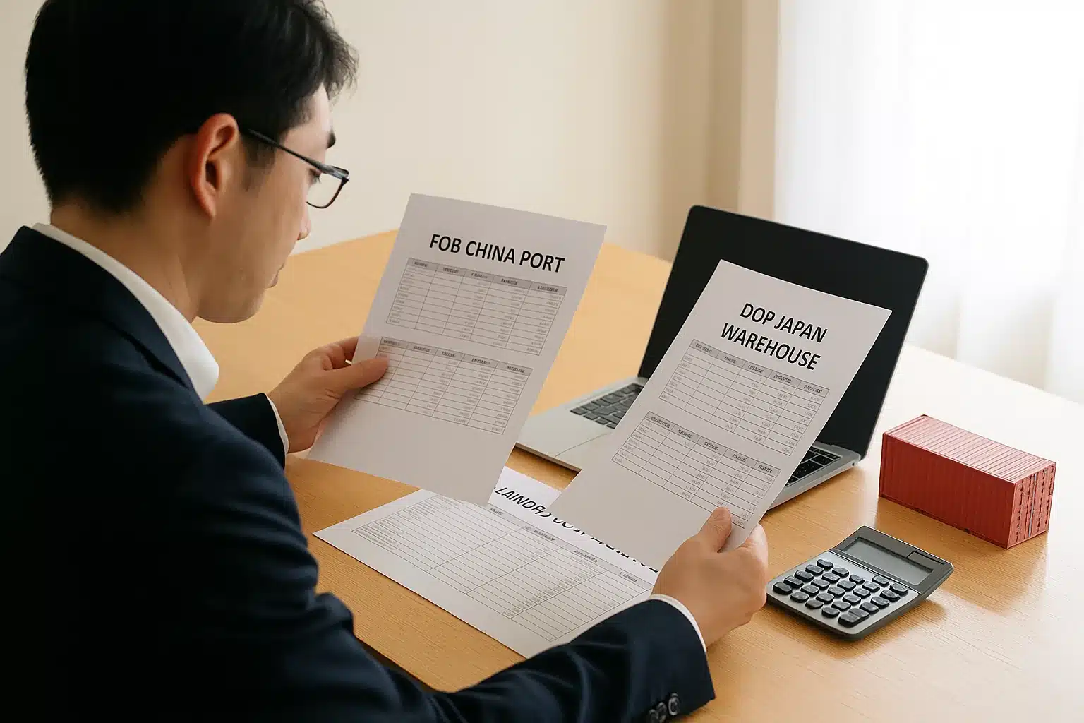 ゴルフボールOEMの取引でFOB中国港とDOP日本倉庫の価格表を見比べ、日本の法人顧客向けに最適な輸送条件と物流コストを詳細に検討する担当者