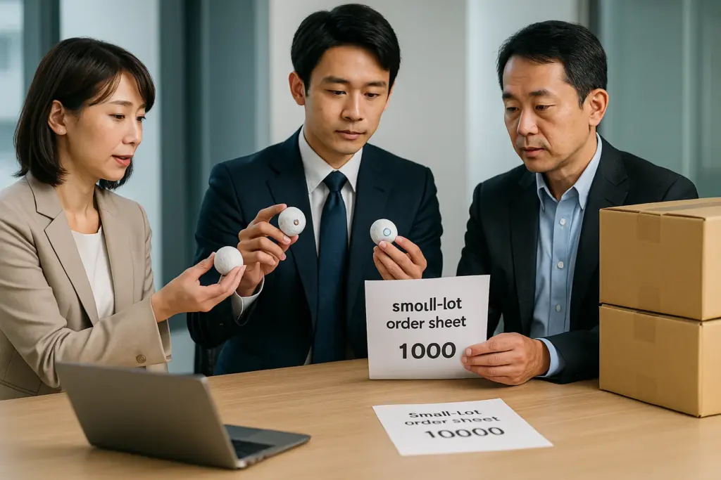 小ロット発注の打合せでゴルフボールの仕様サンプルを手に取りながら数量条件や注文内容を確認する商談シーン