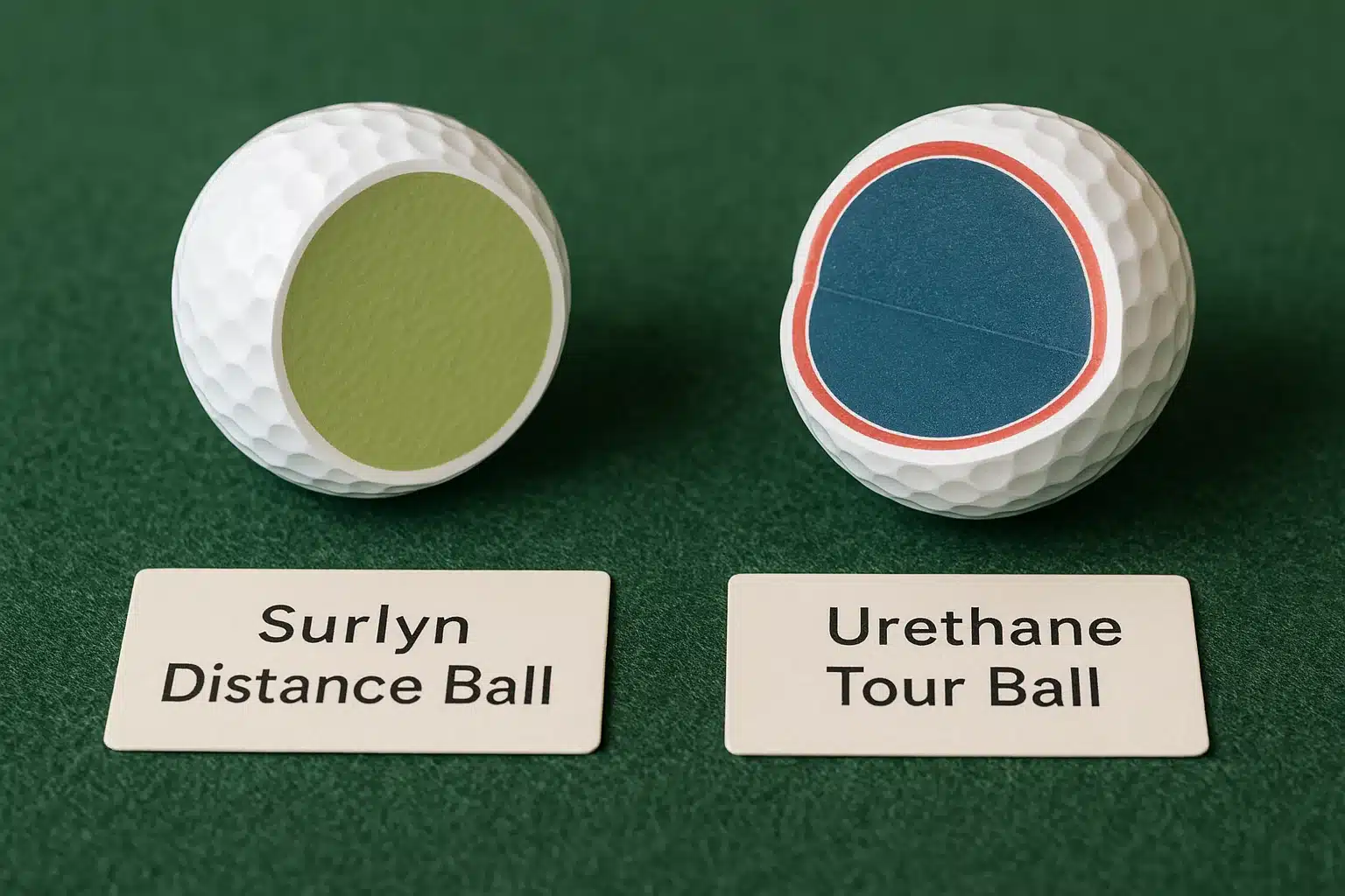 ゴルフボール素材別の構造比較 サーリン系ディスタンスボールとウレタン系ツアーボールの内部構造を並べて比較し、素材による性能差を示す断面モデル