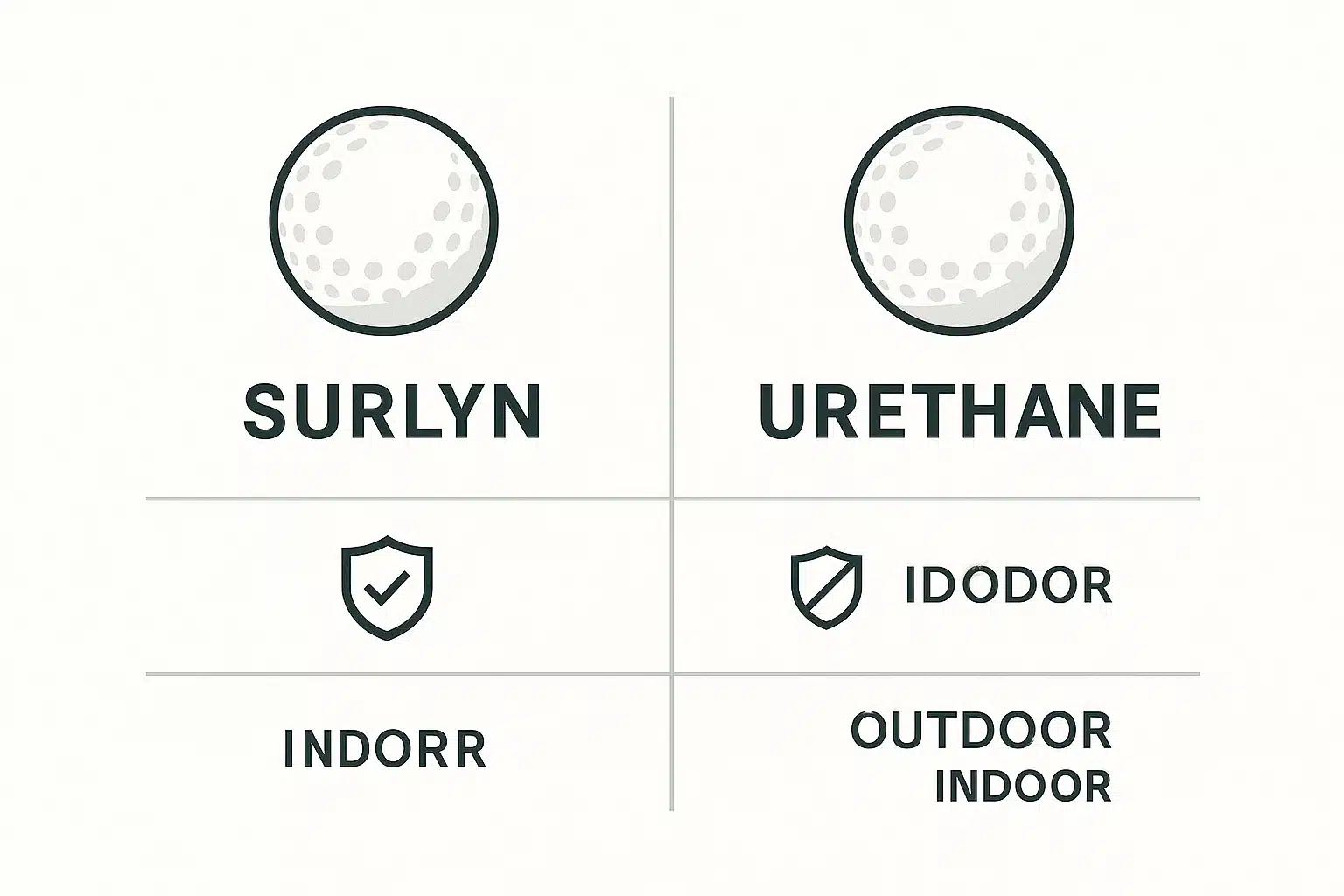 スリオンとウレタン素材の比較 スリオン系とウレタン系ゴルフボールの素材比較図。耐久性や屋内外での適性を示すインフォグラフィック