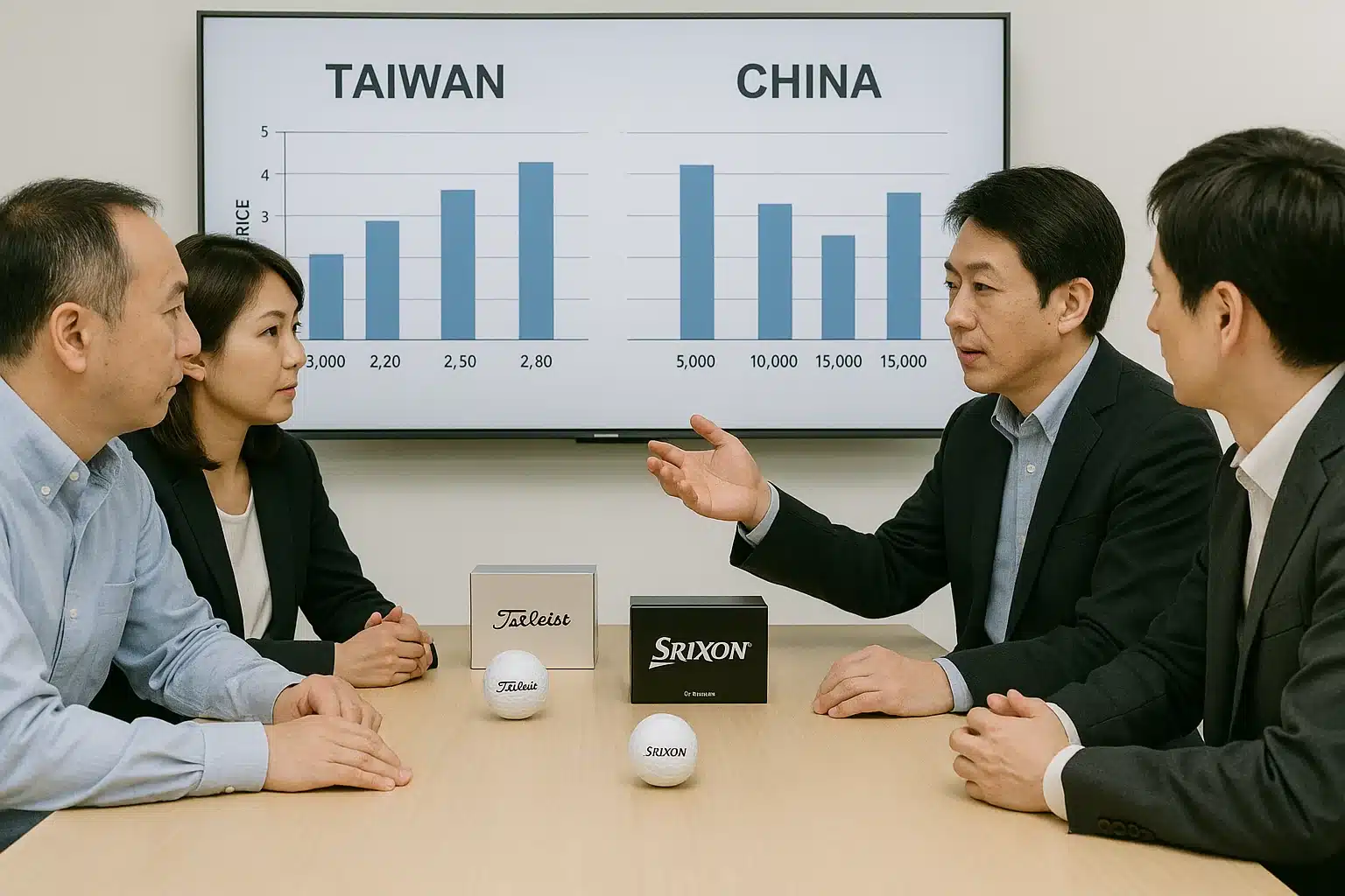 台湾と中国のゴルフボール調達コスト比較会議 台湾と中国のゴルフボール仕入れコスト推移グラフを見ながら、OEM生産の調達価格と条件を比較検討する法人向けメーカー担当者の商談ミーティングの様子