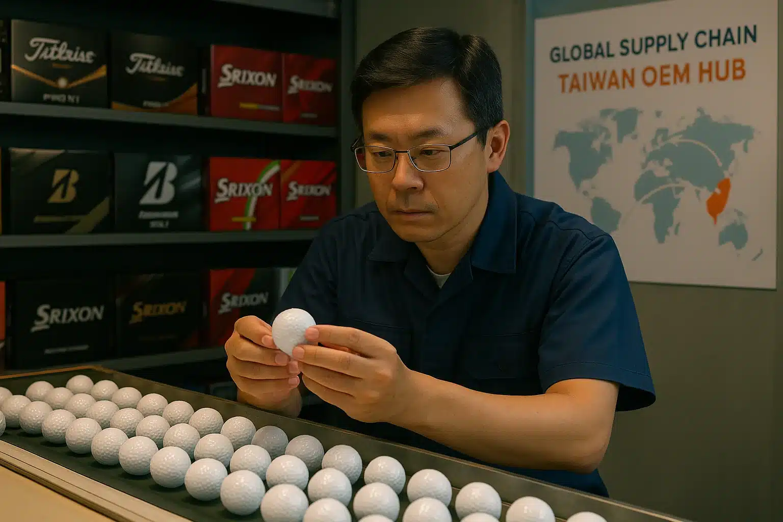 台湾OEMゴルフボールの出荷前品質検査工程 台湾OEM工場で量産されたゴルフボールを1個ずつ手に取り目視で品質検査し、グローバル供給チェーン向けの安定した出荷品質を確認する担当者の作業風景