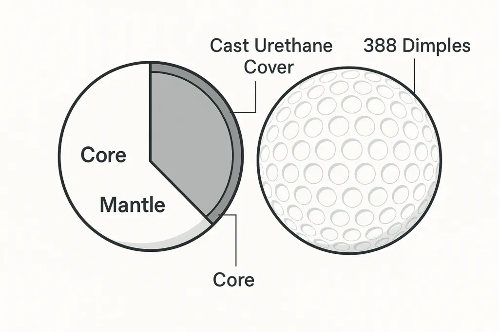 キャストウレタンカバーと388ディンプル構造を示す3層ゴルフボール断面図