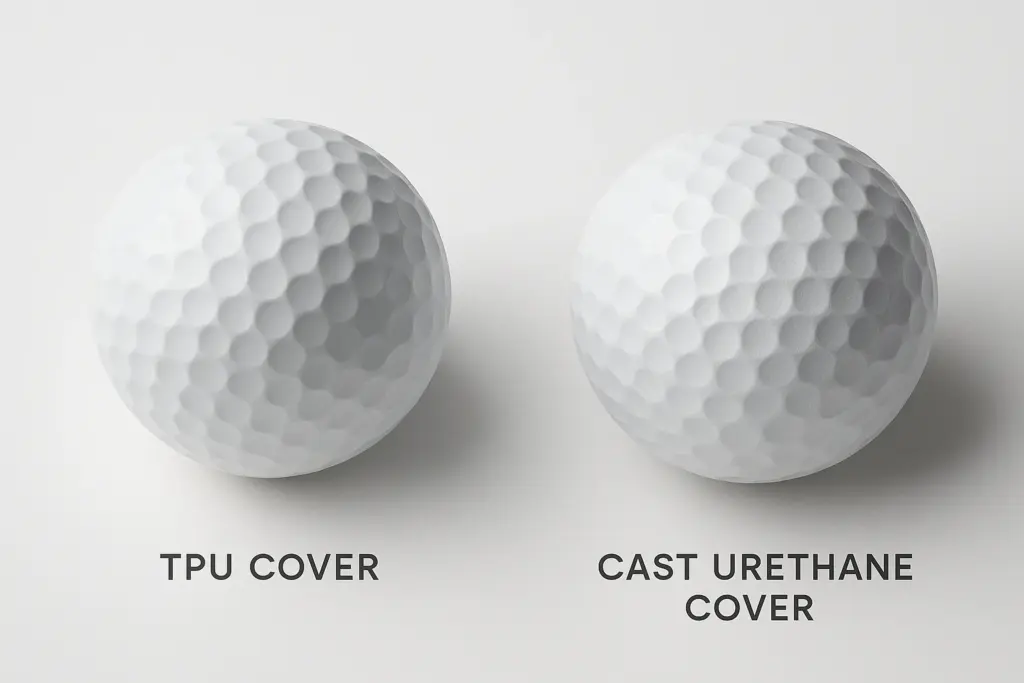 TPUカバーと鋳造ウレタンカバーのゴルフボールを左右に配置し、カバー材質の違いによる打感・スピン特性をOEM選定向けに比較解説する図版