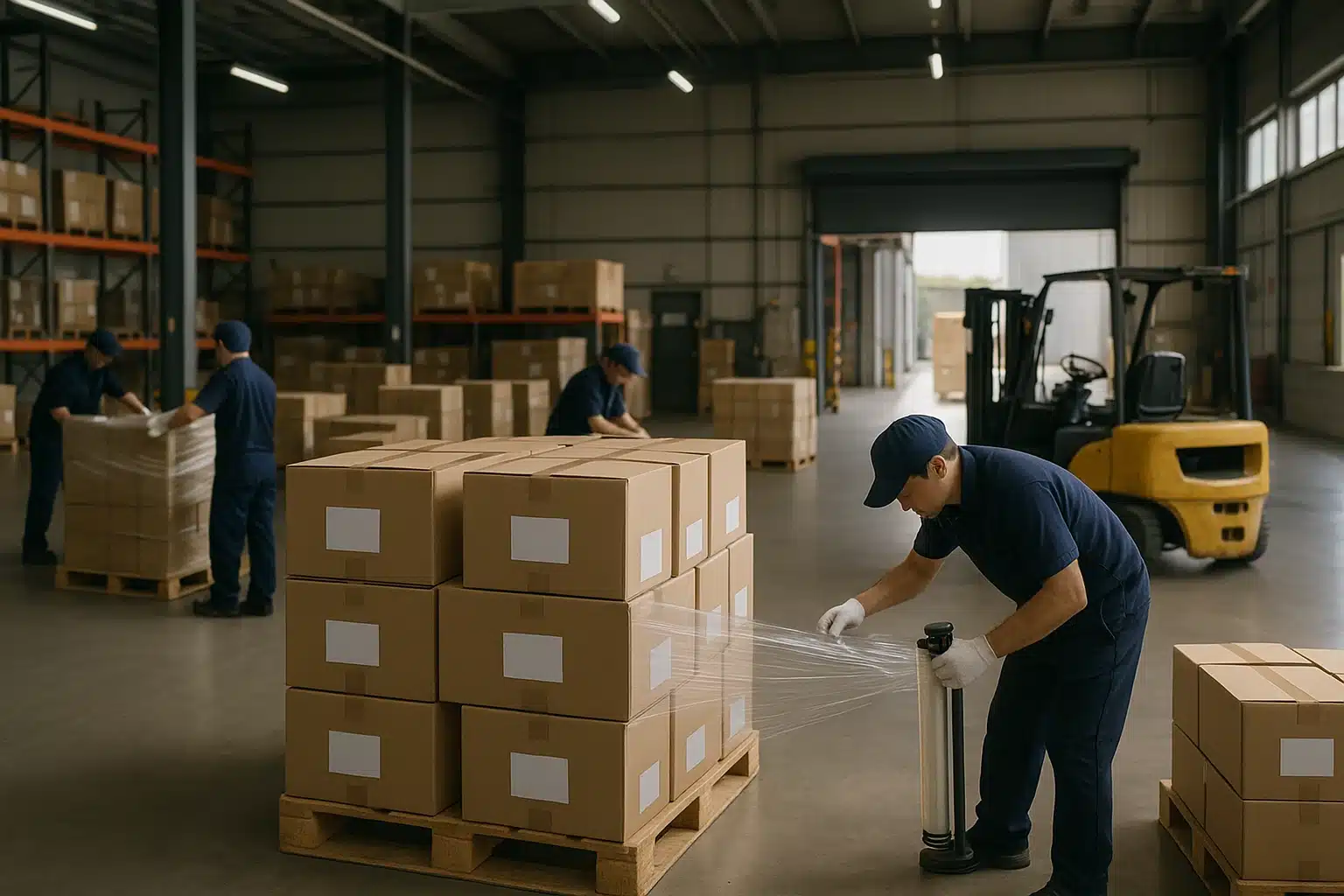 梱包箱のパレット固定と出荷準備 倉庫内でパレット積みされた梱包箱をスタッフがストレッチフィルムで固定し、出荷準備を進める包装工程