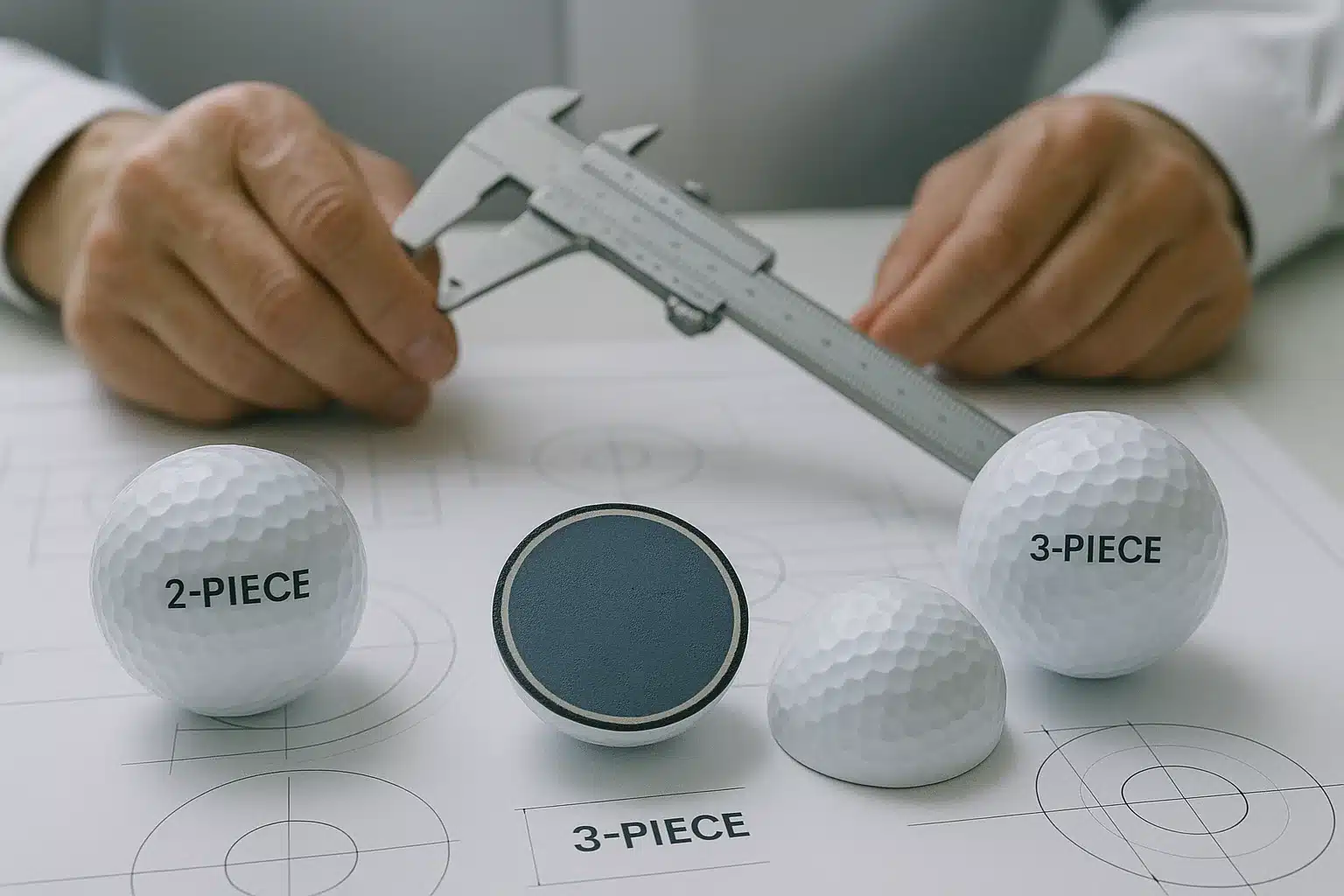 2ピースと3ピースゴルフボールの構造比較 2ピースと3ピースのゴルフボールサンプルとカットモデルを、ノギスで寸法測定しながら構造設計図の上で比較検証するOEM開発シーン
