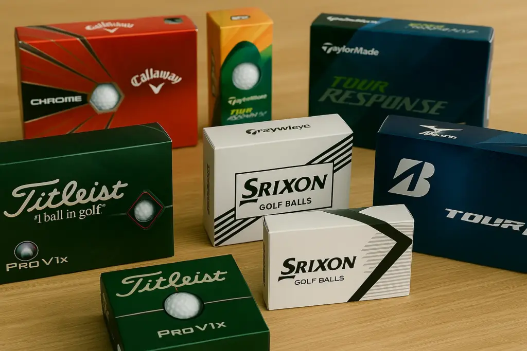 各ブランドのカラフルなゴルフボール製品パッケージ外箱をテーブル上に並べ、OEMゴルフボール開発のデザイン参考として比較している様子