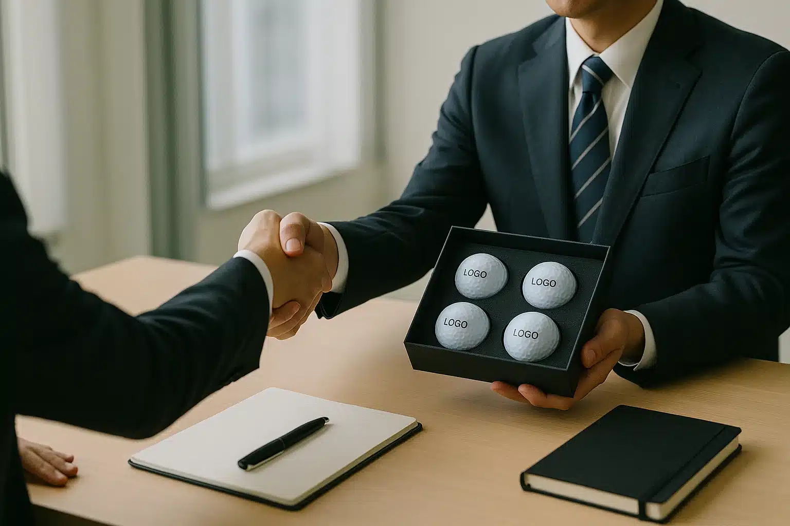 商談で手渡す企業ロゴ入りゴルフボールギフト 商談の場で担当者同士が握手を交わしながら、企業ロゴ入りゴルフボールのギフトボックスを手渡している様子を示す法人向けノベルティ贈答シーンのビジネスギフト活用例