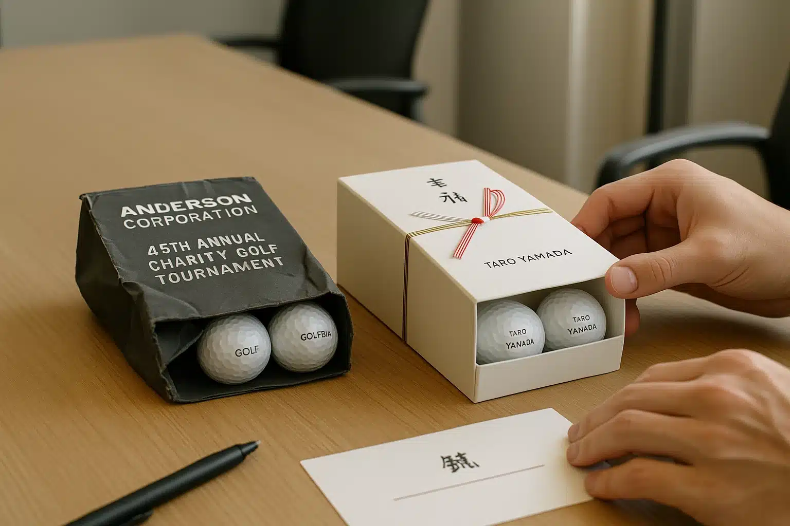 法人向け名入れゴルフボールのギフト箱比較 チャリティ大会向け名入れゴルフボールを2個入りギフト箱にセットし、包装デザインとロゴ表記を机上で確認するOEM準備工程