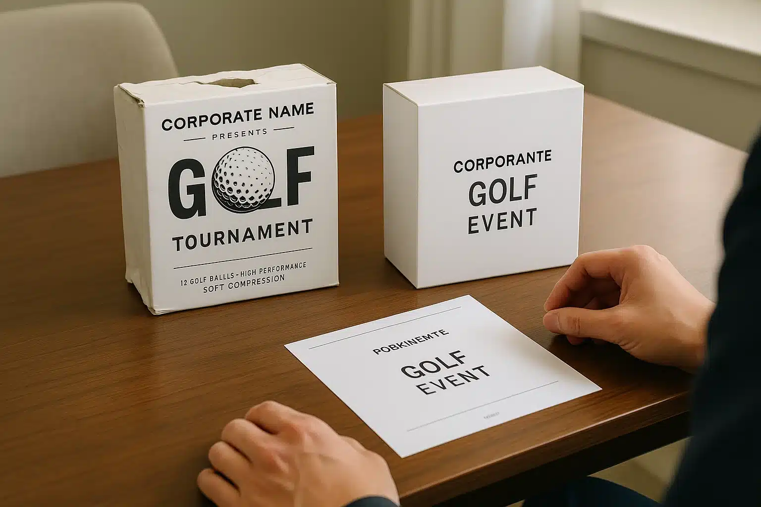 法人ゴルフイベント箱のOEMデザイン校正 机上で法人ゴルフイベントのノベルティ用ゴルフボール箱を比較し、外箱デザイン案とロゴ校正シートを照合して量産発注前の仕様を最終確認するOEM工程