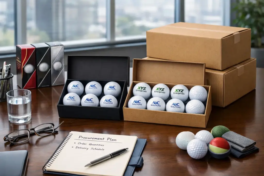 オフィスの会議テーブルで複数ブランドのロゴ印刷済み名入れゴルフボールをギフトボックスにセットし、OEM出荷の数量・梱包・納期を確認する手配工程