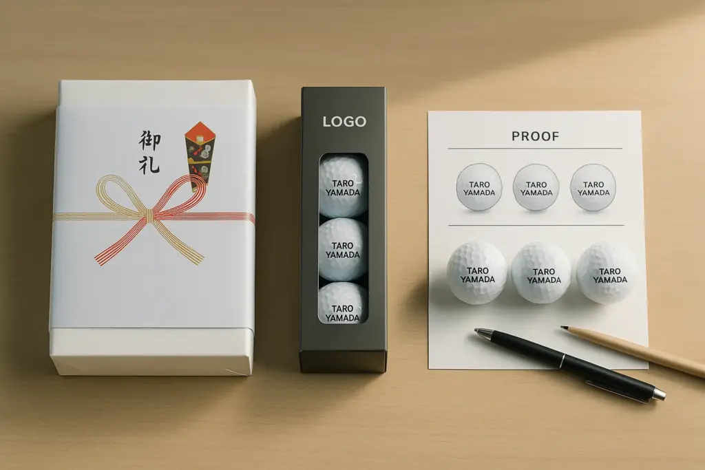 机上で名入れゴルフボールのロゴ印刷サンプルと校正シートを照合し、印刷位置と3個入りギフト箱を発注前に確認する法人ノベルティ向けOEM工程