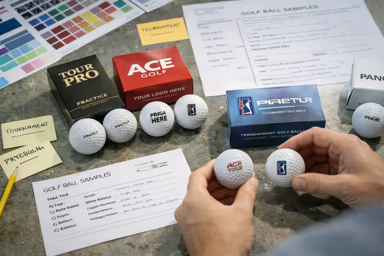 名入れゴルフボールOEMサンプル仕様確認 日本向け法人ノベルティ用にゴルフボールOEMの名入れサンプルとパッケージ試作を並べ、色見本と仕様書で最終仕様を確認する担当者