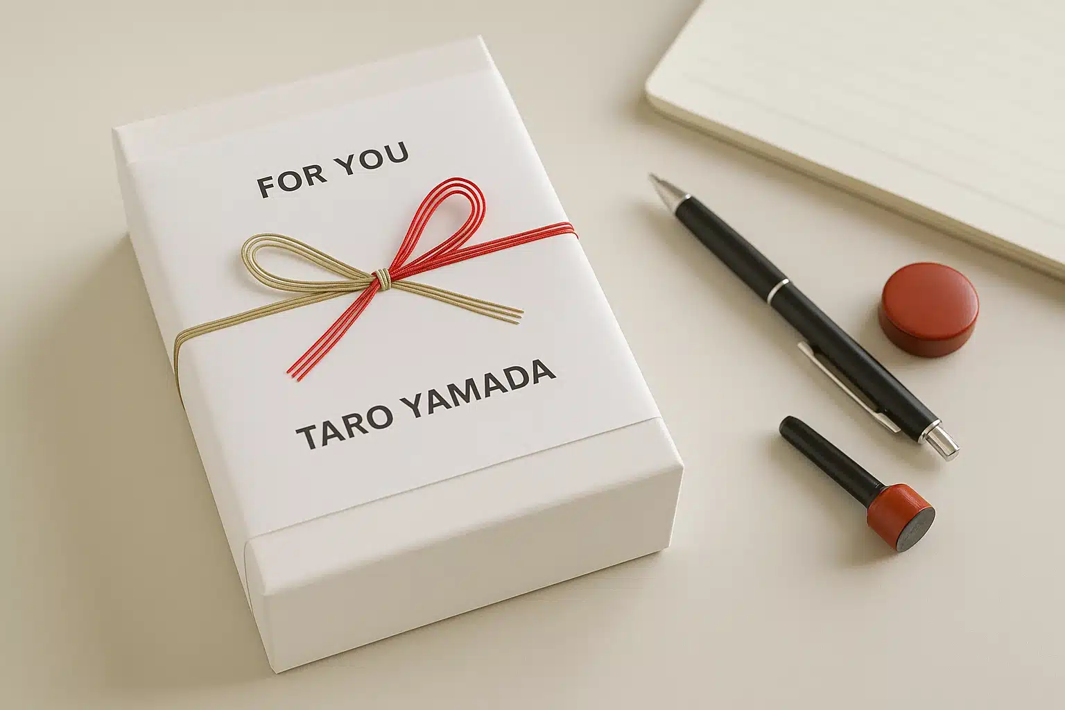 名入れゴルフボール用ギフト箱の最終承認工程 水引付きギフト箱の名入れゴルフボール用パッケージを机上で整え、承認印と筆記具で表記内容を出荷前に確認する法人ノベルティ向けOEM工程