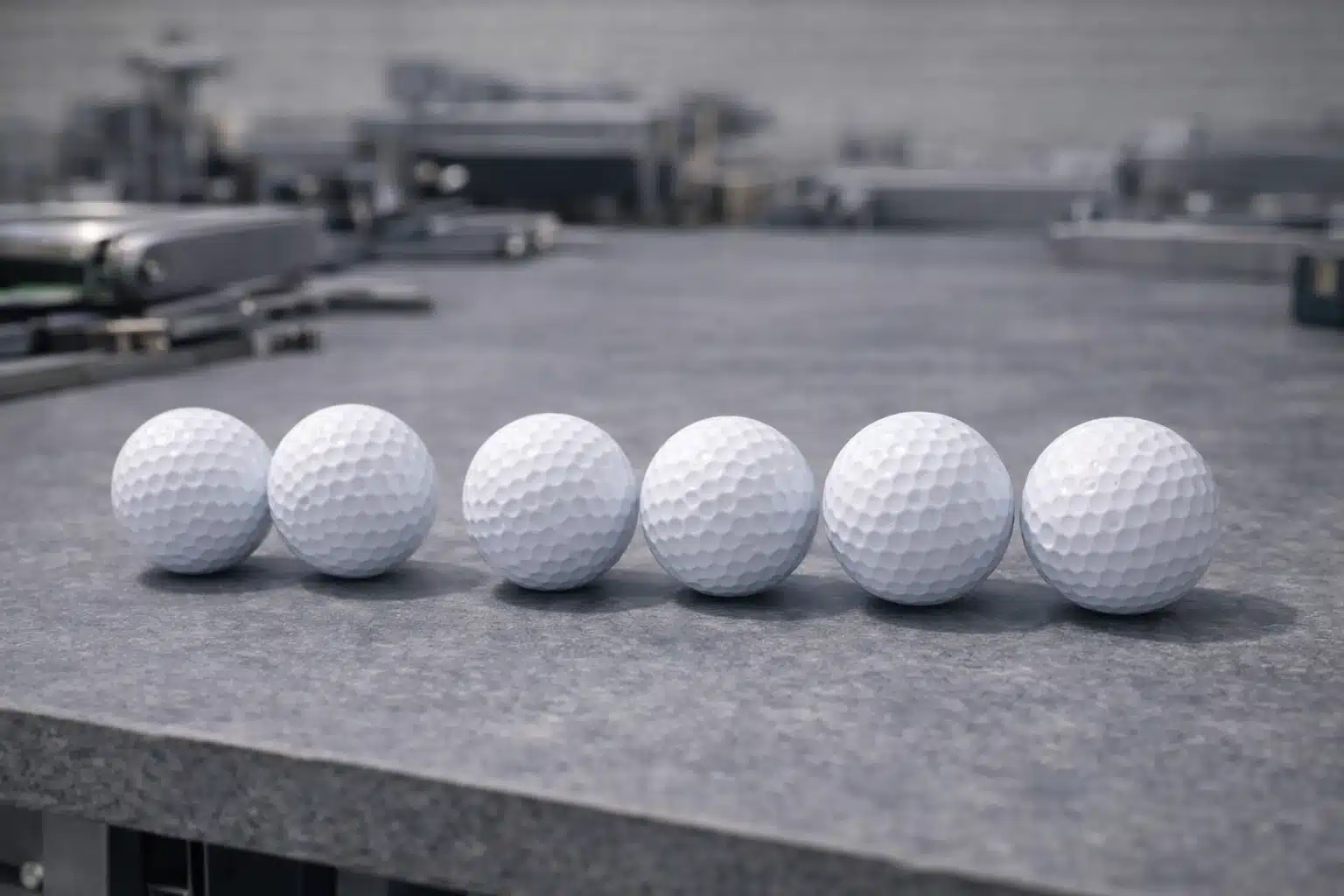 ゴルフボールの外観・ディンプル品質検査 工場の検査台で成形後のゴルフボールを整列し、外観とディンプル状態を確認してOEM品質検査基準に沿って選別する工程