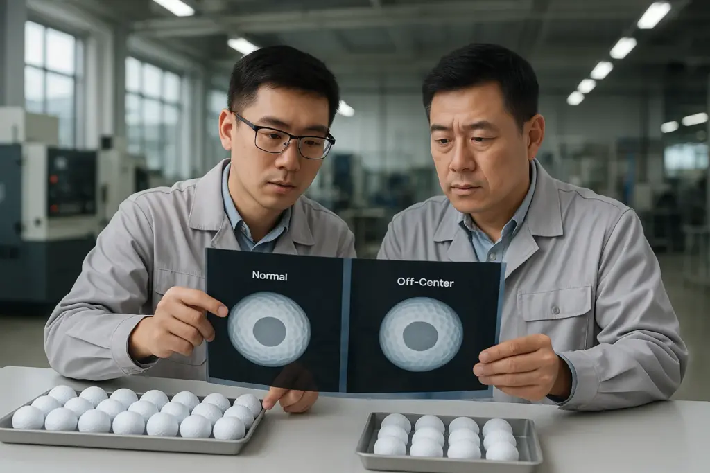 出荷前のOEMゴルフボールで、工場で技術者がトレー上のボールX線画像を見比べながら、芯ずれ有無を確認する飛距離安定のための重要な品質検査工程