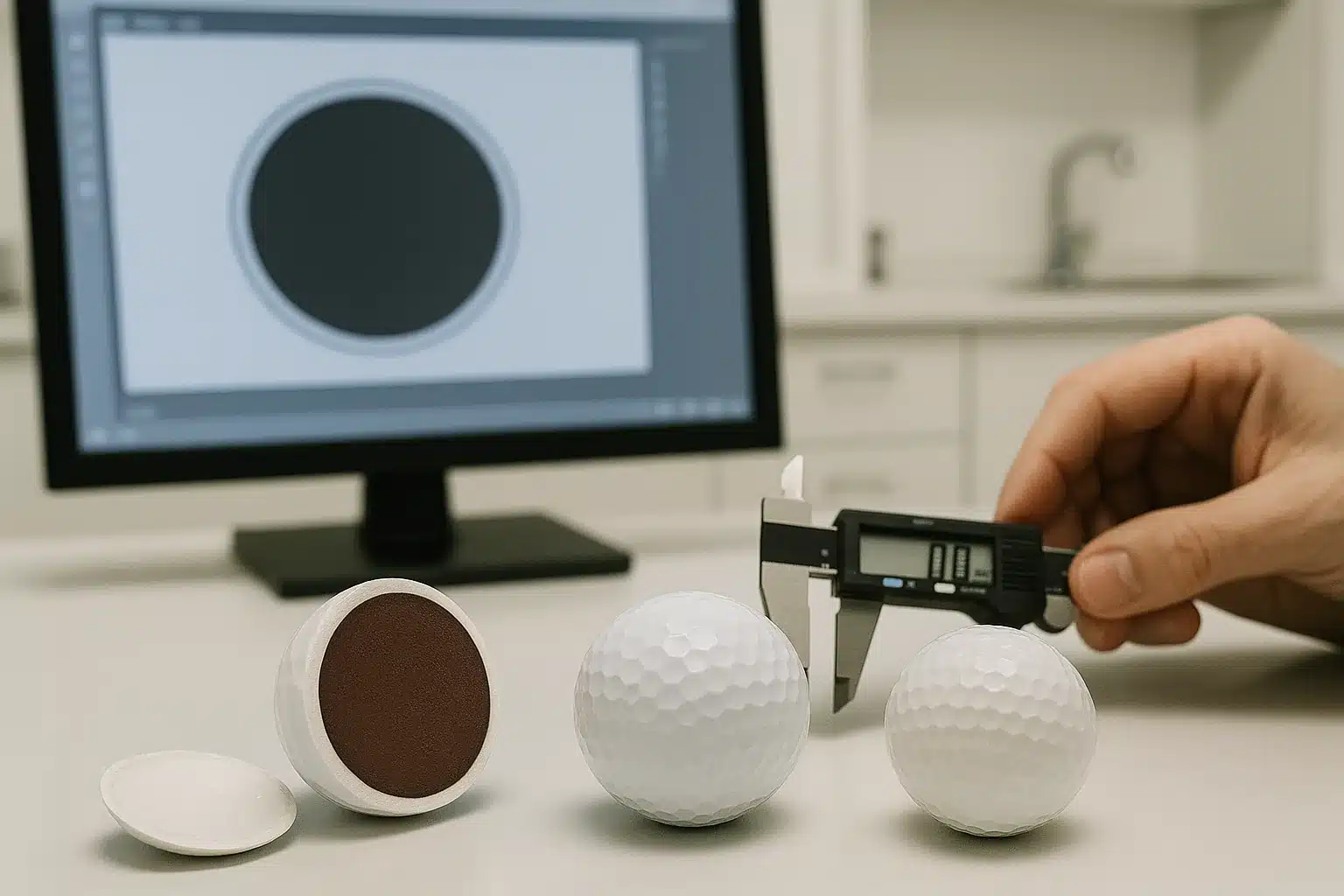 OEMゴルフボールコアの寸法測定検査工程 OEM生産向けゴルフボールのコア断面サンプルと完成品をノギスで測定し、寸法精度と一貫した品質を検証する研究開発ラボでの検査工程と製造管理プロセス