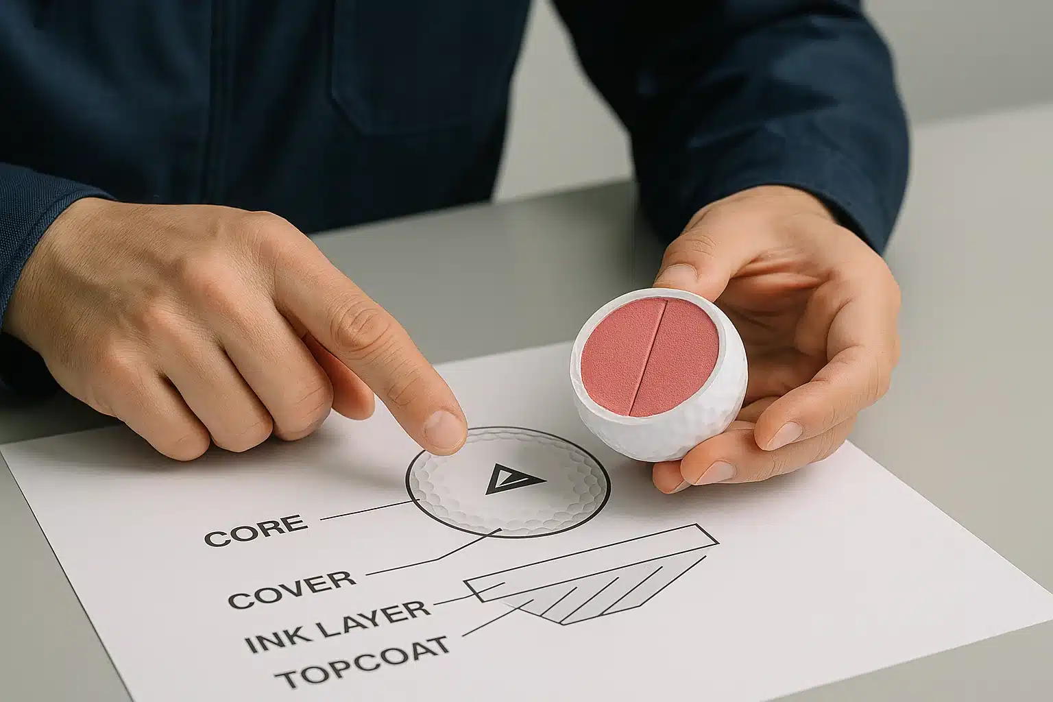 ゴルフボールのコア構造と材料設計解説シーン OEMゴルフボールのカットモデルを手に持ち、コアとカバー構造を図面上で説明しながら材料設計と打感のバランスを検討する技術者の手元