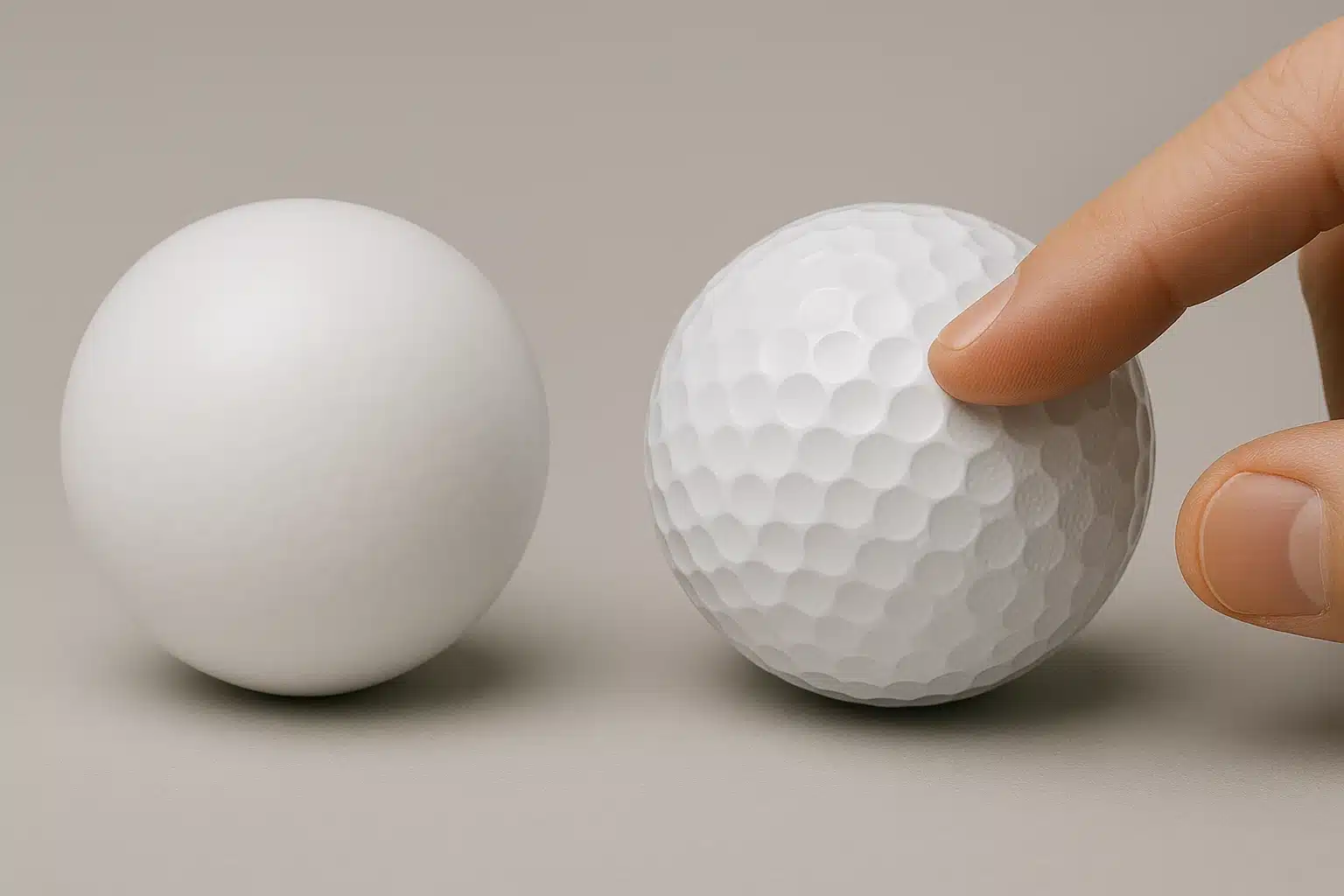 ディンプル設計を比較するゴルフボール表面 ディンプルなし試作品とディンプル入りゴルフボールの表面を指で確認し、飛距離や弾道性能に影響するカバー設計の違いを開発工程で比較している様子のシーン