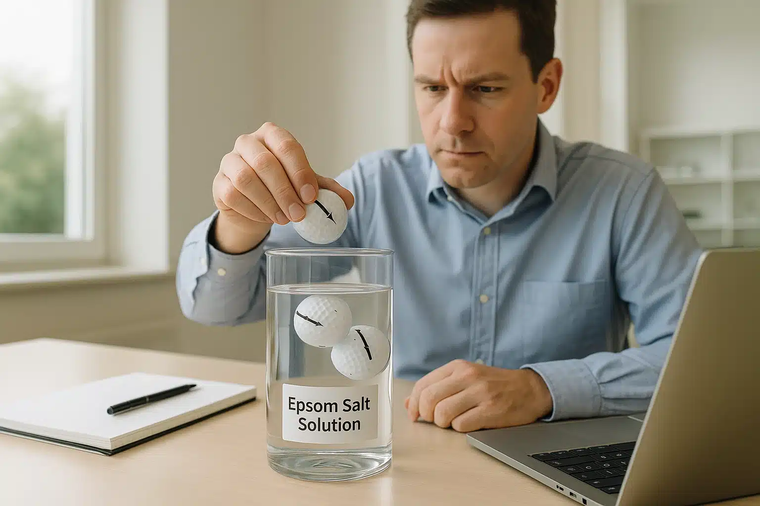 エプソム溶液によるゴルフボール芯ずれ検査 デスクで技術者がエプソムソルト溶液にOEMゴルフボールを浮かべ、マーク位置の傾きを見て芯ずれとバランスを簡易チェックする品質確認工程作業の様子