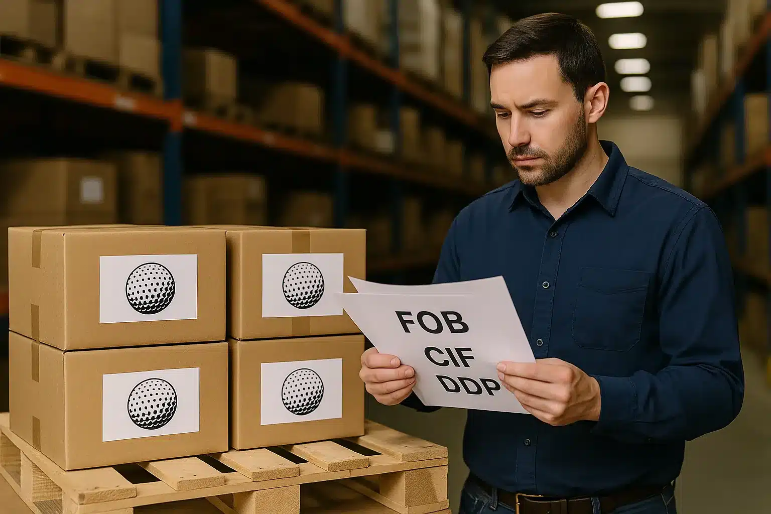 FOB・CIF・DDPで検討する輸出条件 ゴルフボールが入った輸出用カートンの前でFOB・CIF・DDP条件の書類を確認し、最適な貿易取引条件と送料負担および国際物流条件を検討する担当者