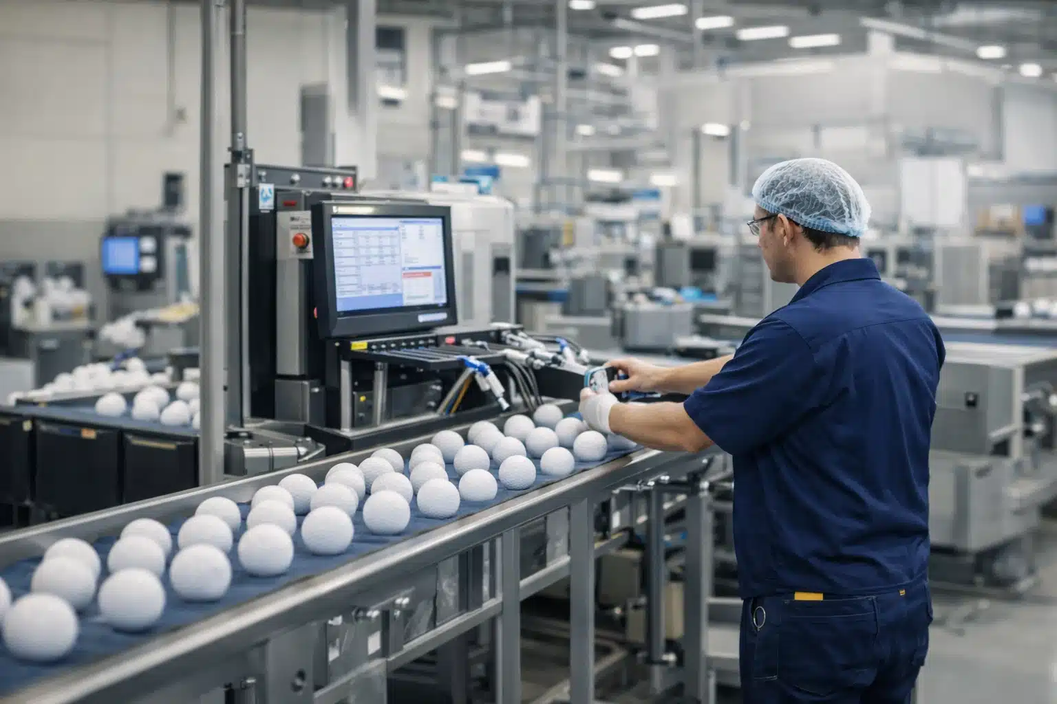 OEMゴルフボールの工場ライン品質検査 OEMゴルフボールが流れる工場ラインで作業員が自動搬送中のボールを抜き取り、検査装置とモニターで外観・規格を確認して出荷品質を管理する工程