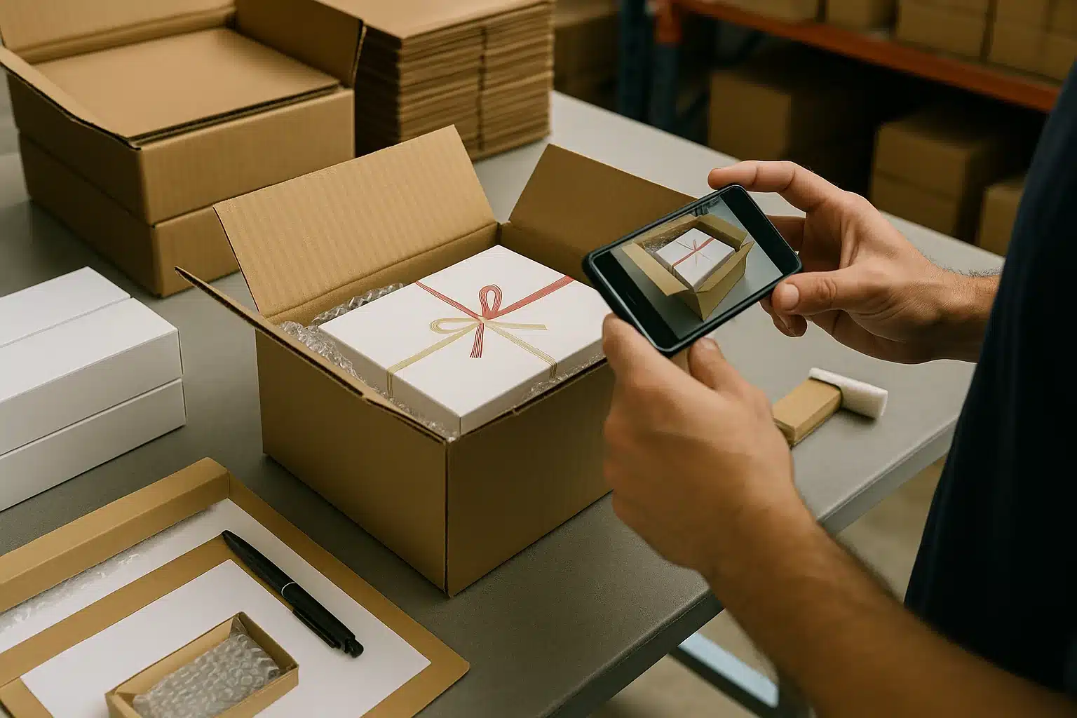 名入れゴルフボールのOEM出荷前梱包検品 法人ノベルティ向け名入れゴルフボールのギフト箱を出荷用段ボールに梱包し、スマホで状態を撮影して品質記録するOEM出荷検品工程