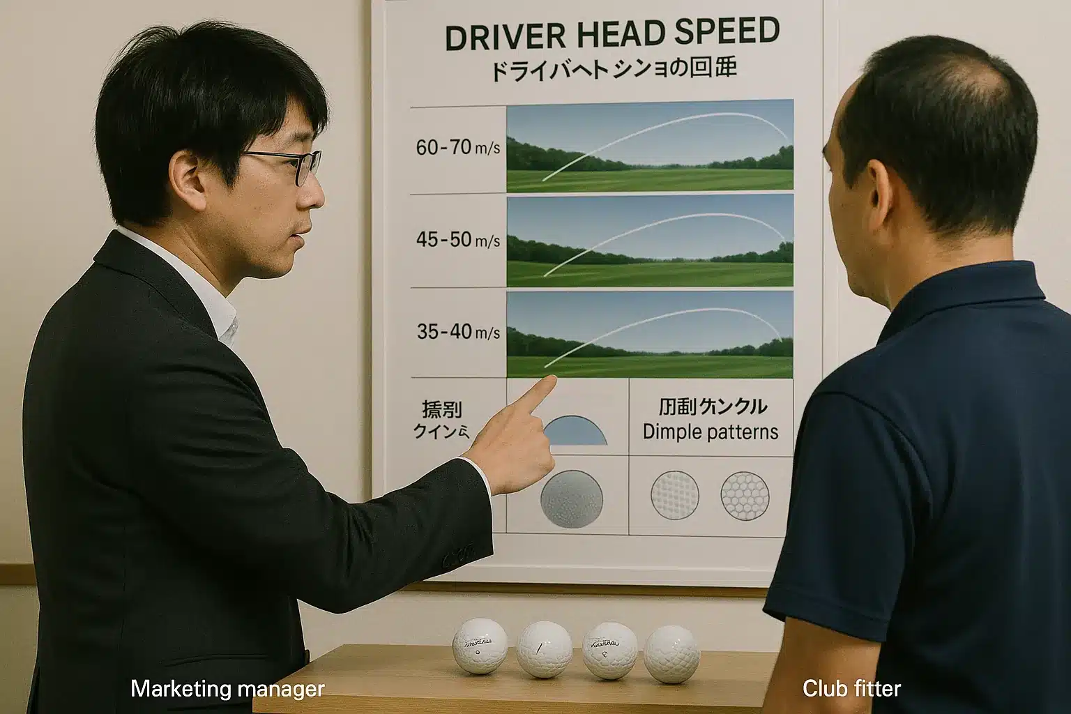 ヘッドスピード別ゴルフボール性能打ち合わせ ドライバーヘッドスピード別の弾道カーブとディンプルパターンの資料を前に、マーケティング担当者とクラブフィッターがゴルフボール性能と適正モデルを検討している場面