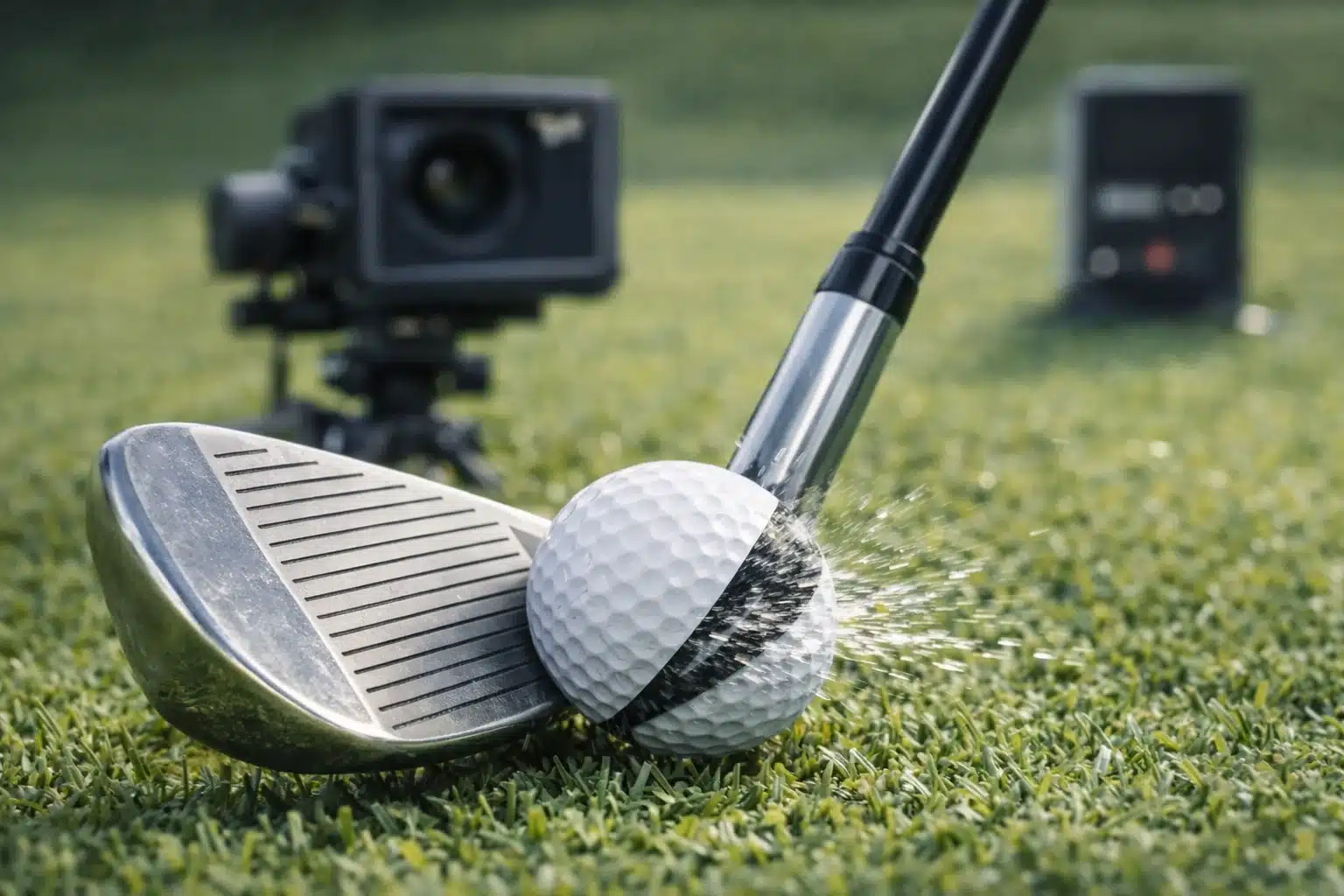 OEMゴルフボールの弾道・スピン計測試験 テスト芝上でウェッジの打撃を高速カメラと弾道測定器で記録し、OEMゴルフボールのスピン量と飛距離特性を開発工程で検証する