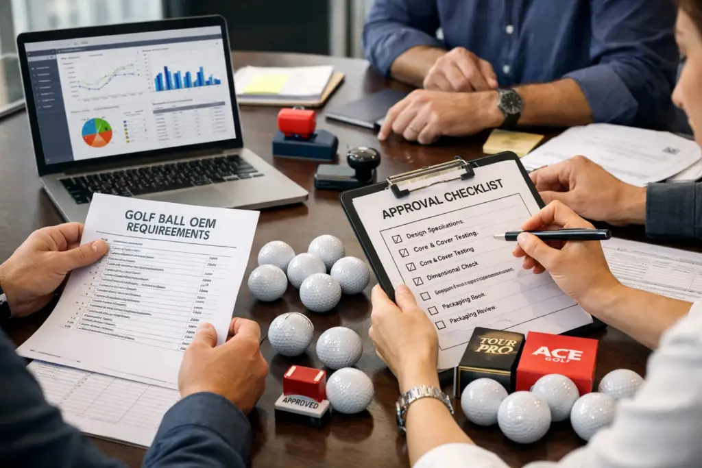 ゴルフボールOEMの要件書と承認チェックリストを確認し、品質検査とパッケージ仕様を打ち合わせる法人商談