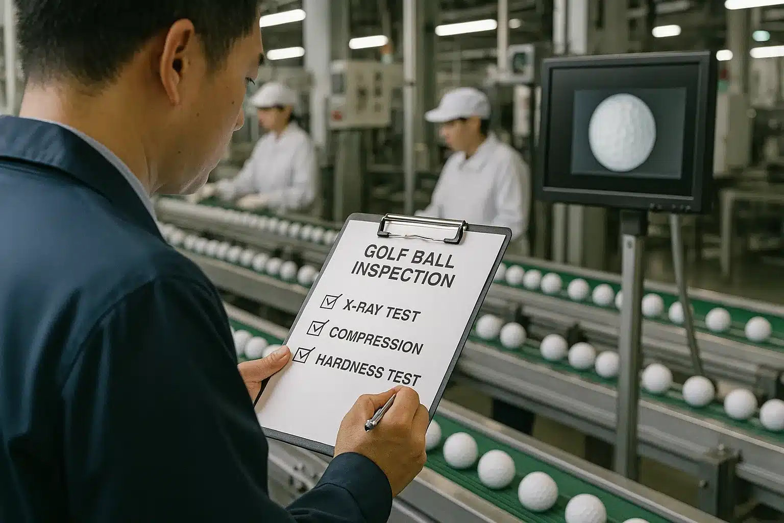 ゴルフボールの量産前品質検査工程 OEMゴルフボールのX線検査や硬度・コンプレッション測定項目を工場ラインで確認しながら、量産前の品質検査を丁寧に行う担当者