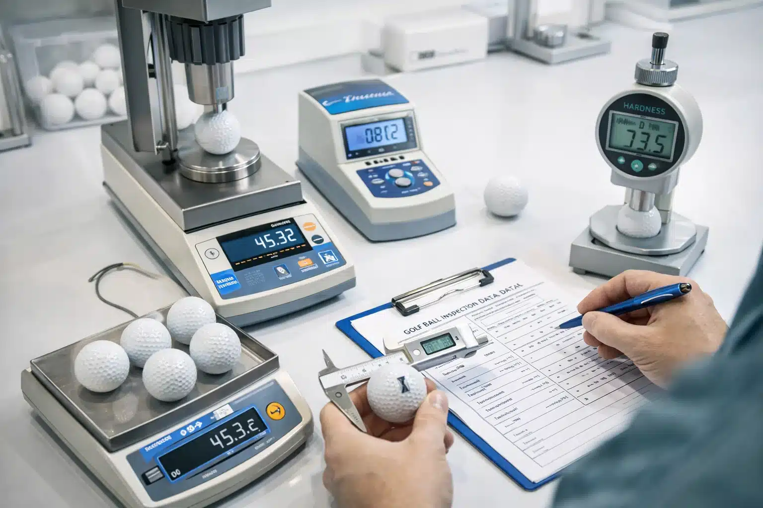 ゴルフボールOEMの硬度・寸法検査データ記録 ゴルフボールOEMの検査室で硬度計・ノギス・重量計を使い、寸法や硬度、重量を測定して検査データに記録する工程