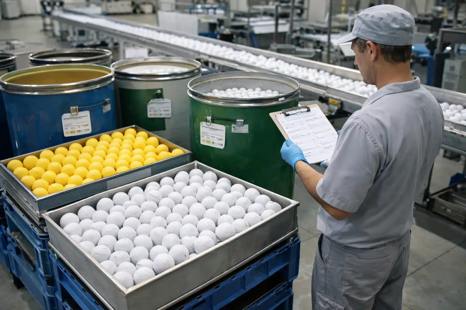 ゴルフボールOEMのロット品質検査 ゴルフボールOEM工場で成形後のボールをロット別に仕分けし、検査表で品質検査と出荷判定を行う工程